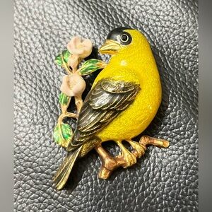 Vintage Joan Rivers Enamel Bird Brooch 🐦 Goldfinch on Blossom Branch Signed
